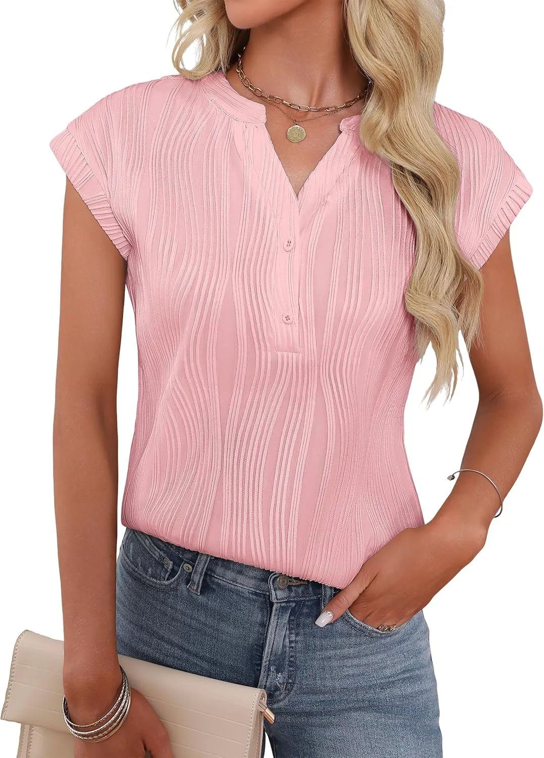 Fayenne Womens Trendy Tops Short Sleeve V-Neck Textured T Shirts Button-Down Business Dressy Casual Tee Blouses