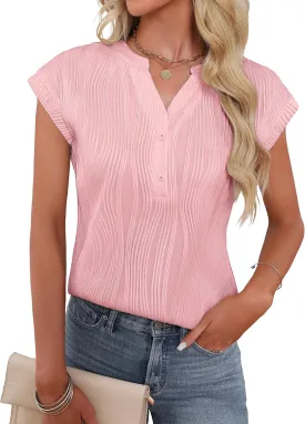 Fayenne Womens Trendy Tops Short Sleeve V-Neck Textured T Shirts Button-Down Business Dressy Casual Tee Blouses