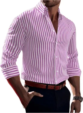 Floerns Men's Striped Print Button Front Collared Long Sleeve Shirt Top