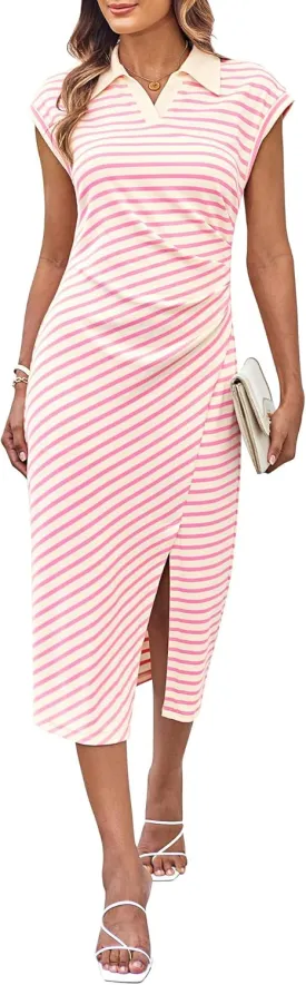 GRACE KARIN Women's Casual Summer Dresses Striped Polo V Neck Cap Sleeve Side Slit Ruched Bodycon Stretch Midi Dresses