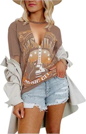 Hollow Out T Shirts for Women Western Graphic Shirts Country Cowgirls Shirts Casual Short Sleeve V Neck Tops