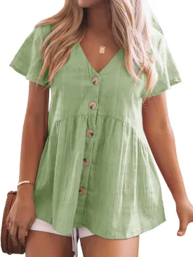 JayGate Womens Short Sleeve V Neck Blouse Button Down Shirt Loose Casual Ruffle Hem Babydoll Peplum Tops