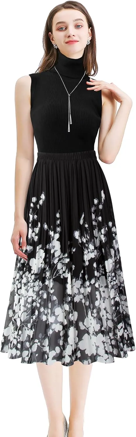 Kingfancy Women's Pleated Skirt Chiffon Elastic Waist A-Line Midi Length Skirt
