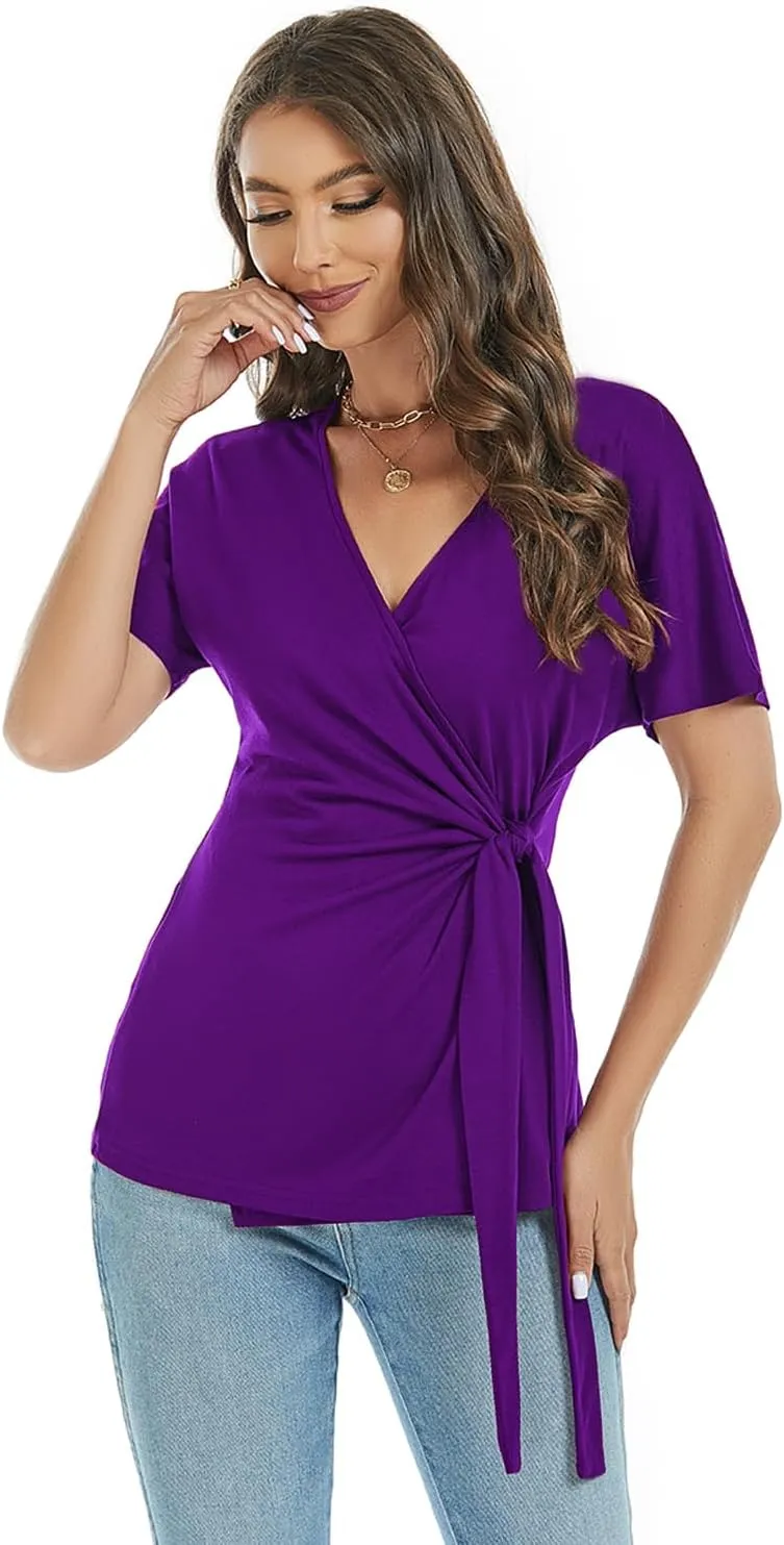 LEIYEE Womens Summer V Neck Short Sleeve Wrap Tops Casual Cute Front Twist Tie Knot Shirts Blouse