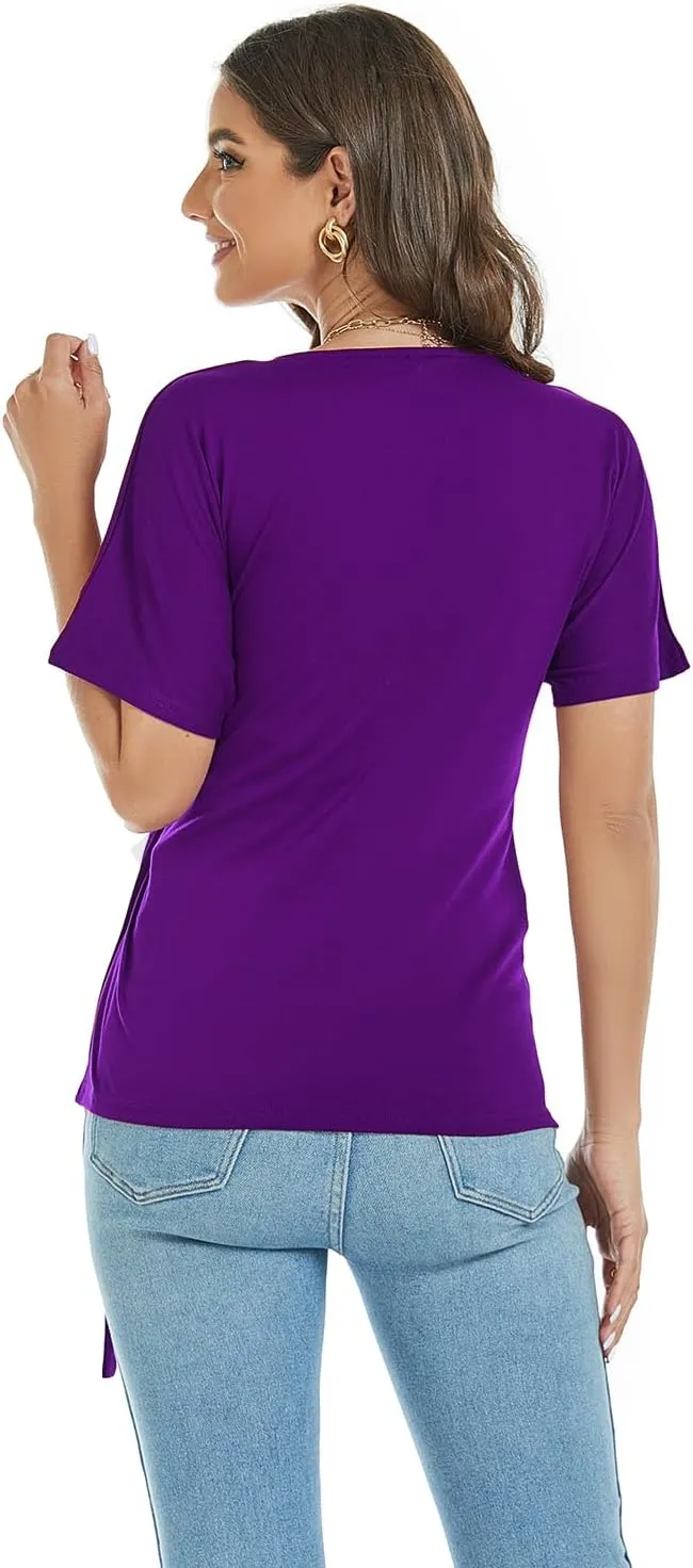 LEIYEE Womens Summer V Neck Short Sleeve Wrap Tops Casual Cute Front Twist Tie Knot Shirts Blouse