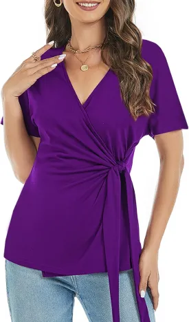 LEIYEE Womens Summer V Neck Short Sleeve Wrap Tops Casual Cute Front Twist Tie Knot Shirts Blouse