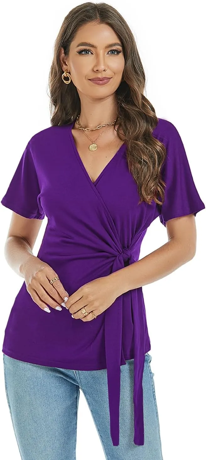 LEIYEE Womens Summer V Neck Short Sleeve Wrap Tops Casual Cute Front Twist Tie Knot Shirts Blouse