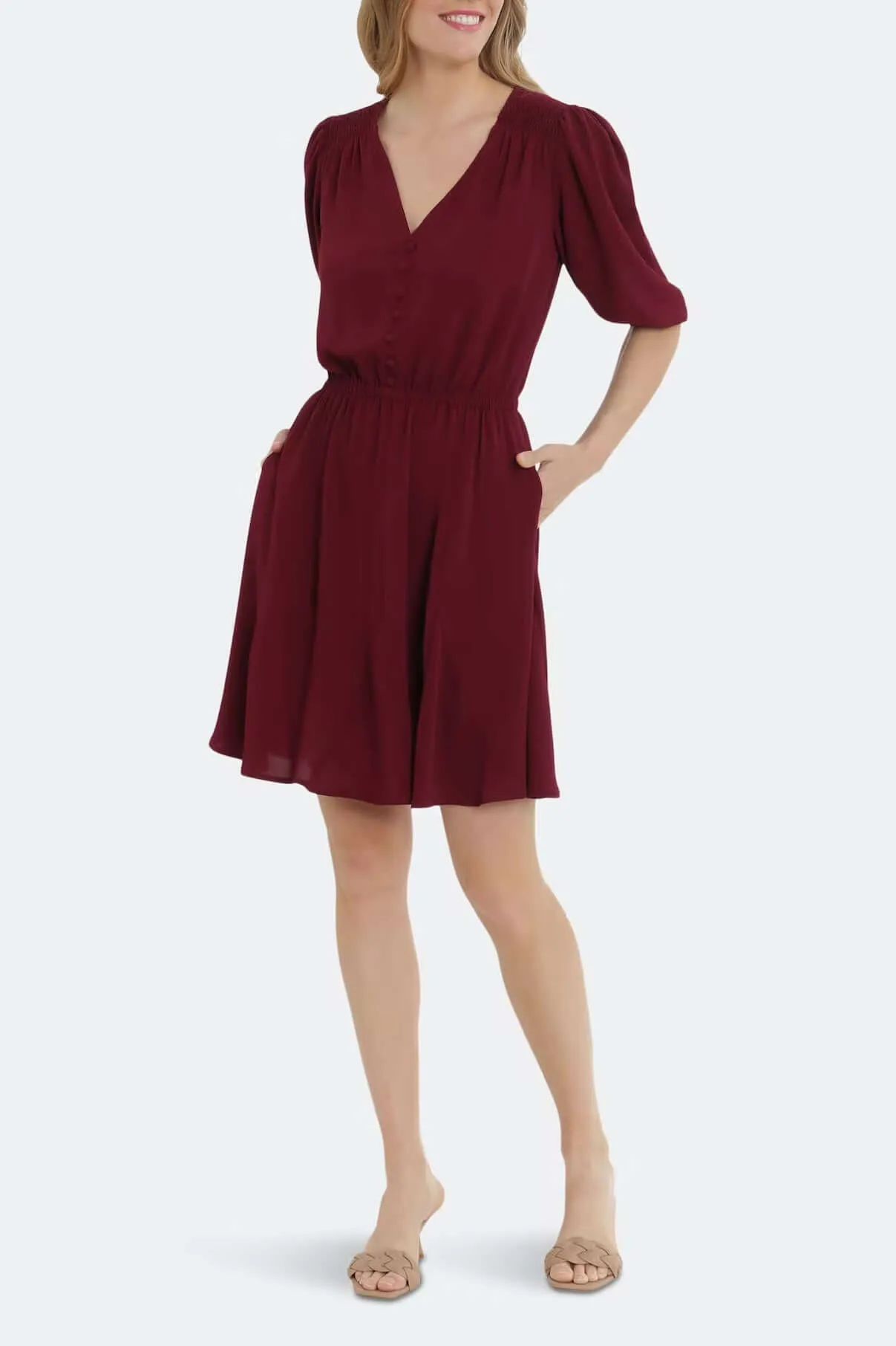 London Times V-Neck Faux Button Front 3/4 Sleeve Elastic Cuff’s Elastic Waist A-Line Dress
