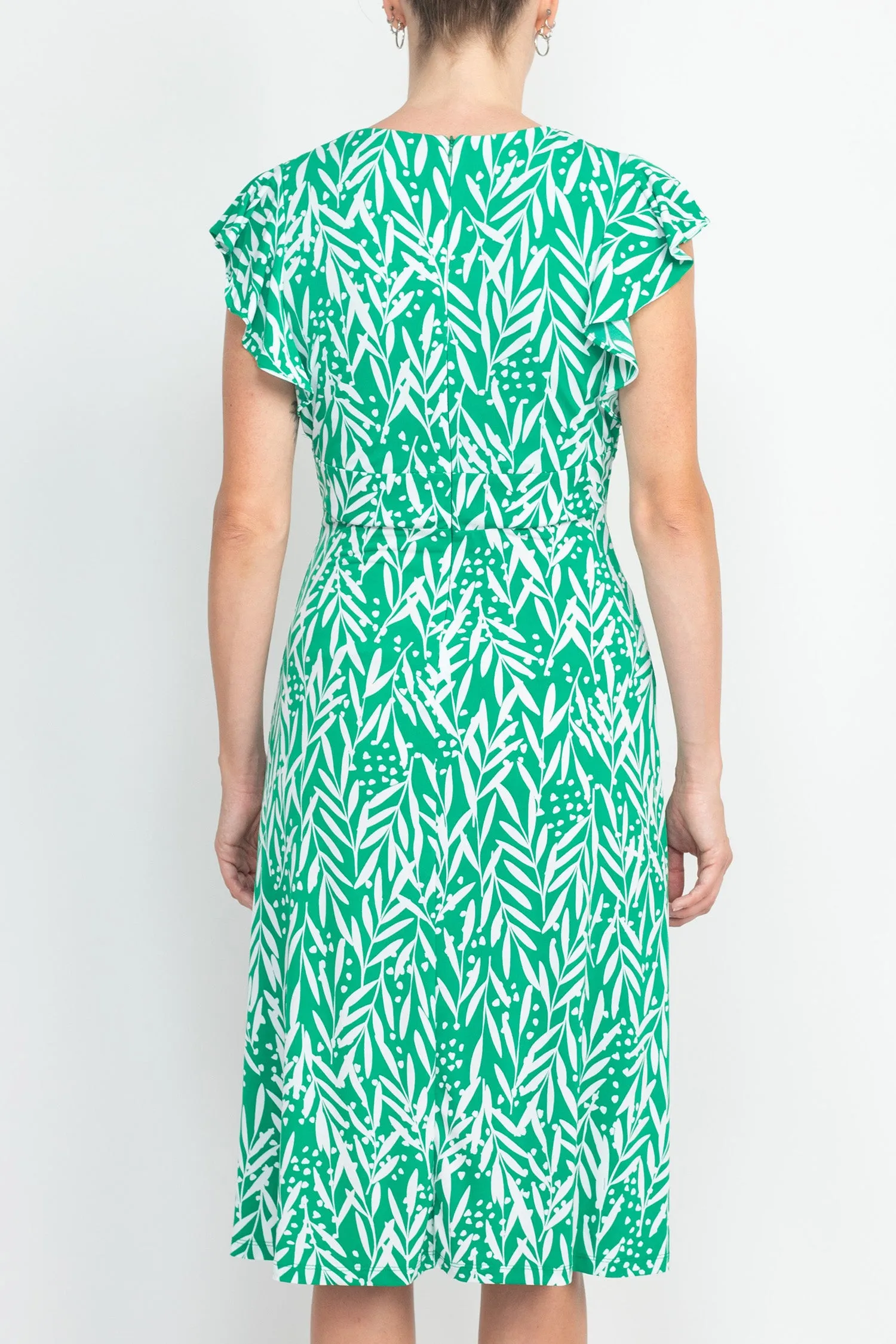 London Times V-Neck Ruffled Sleeve Fit and Flare Jersey Dress