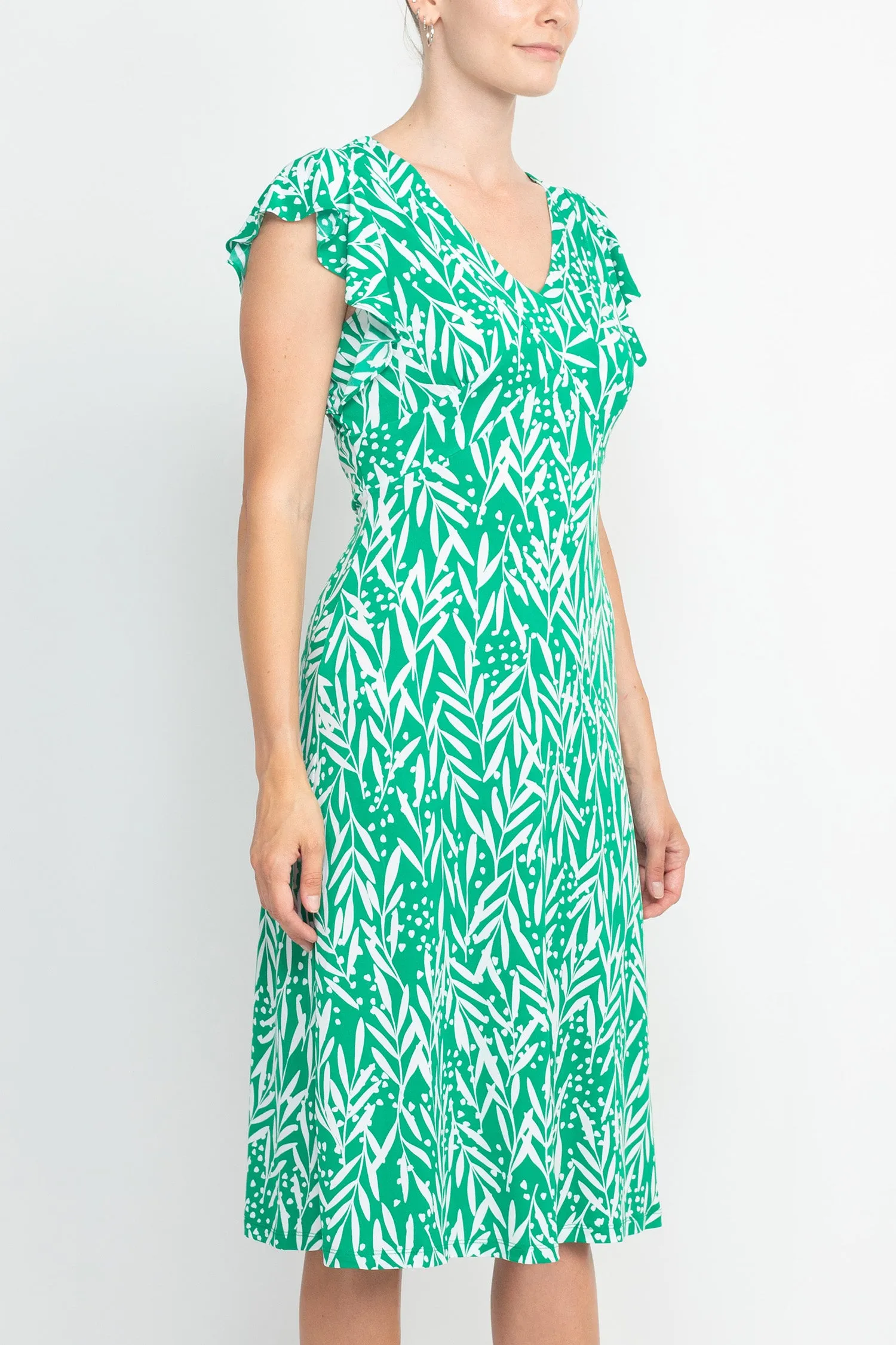 London Times V-Neck Ruffled Sleeve Fit and Flare Jersey Dress