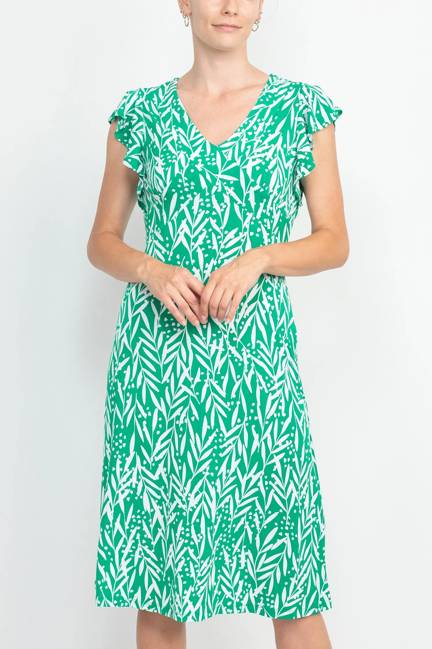 London Times V-Neck Ruffled Sleeve Fit and Flare Jersey Dress