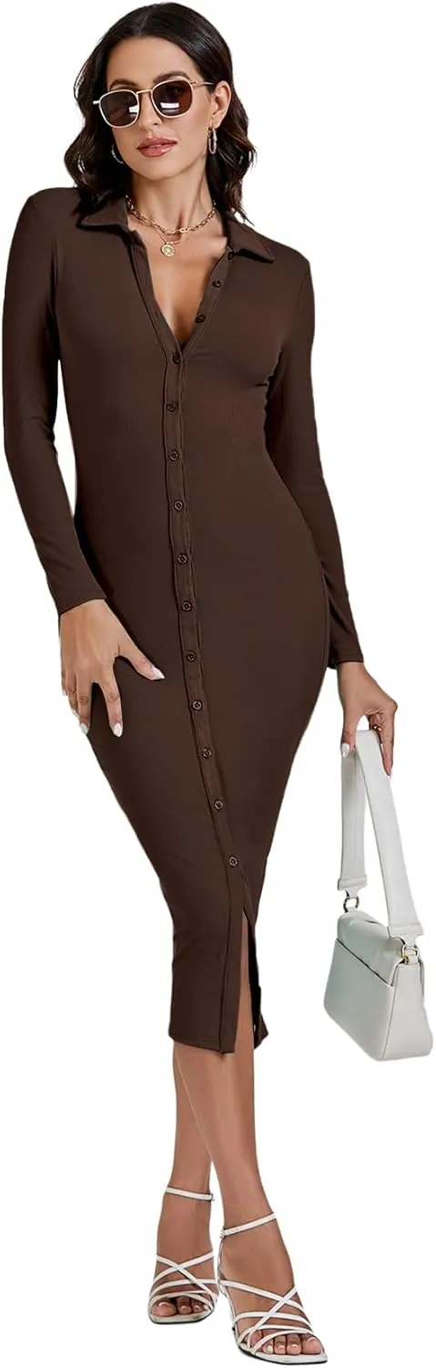LYANER Women's Casual Ribbed Knit Button Down Collar V Neck Long Sleeve Bodycon Midi Dress