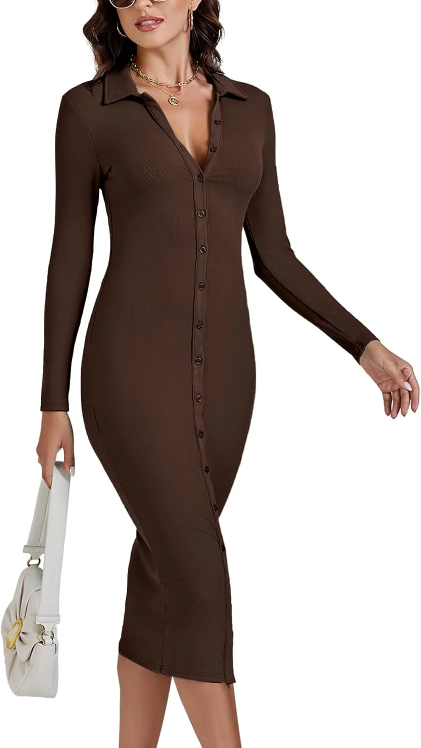 LYANER Women's Casual Ribbed Knit Button Down Collar V Neck Long Sleeve Bodycon Midi Dress