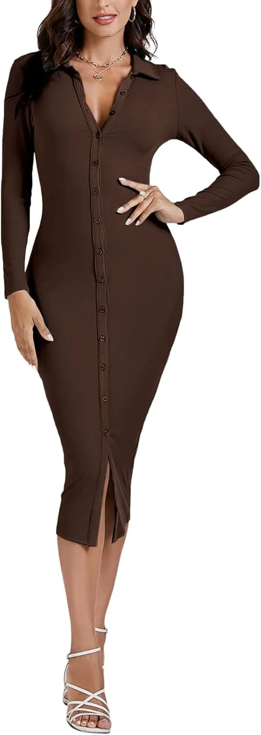 LYANER Women's Casual Ribbed Knit Button Down Collar V Neck Long Sleeve Bodycon Midi Dress