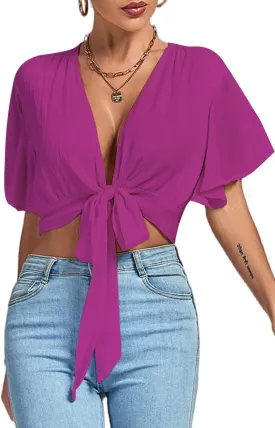 LYANER Women's Deep V Neck Tie Front Knot Wrap Ruffle Short Sleeeve Crop Top Blouse