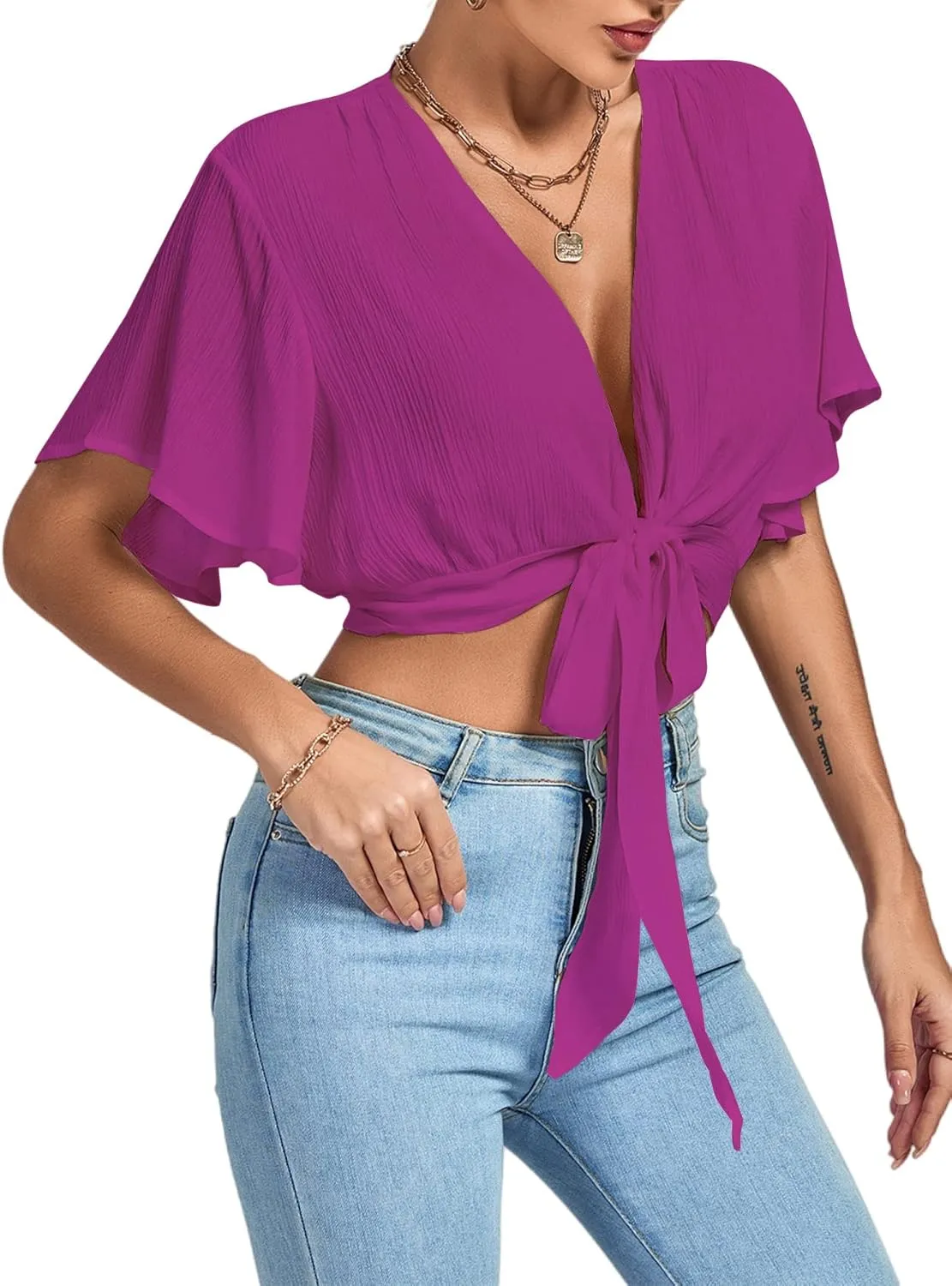LYANER Women's Deep V Neck Tie Front Knot Wrap Ruffle Short Sleeeve Crop Top Blouse