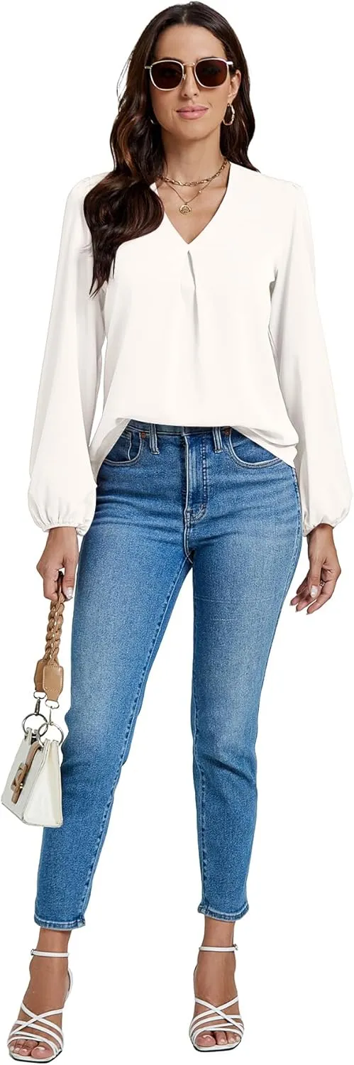 LYANER Women's V-Neck Long Sleeve Solid Tee Shirt Blouse Top
