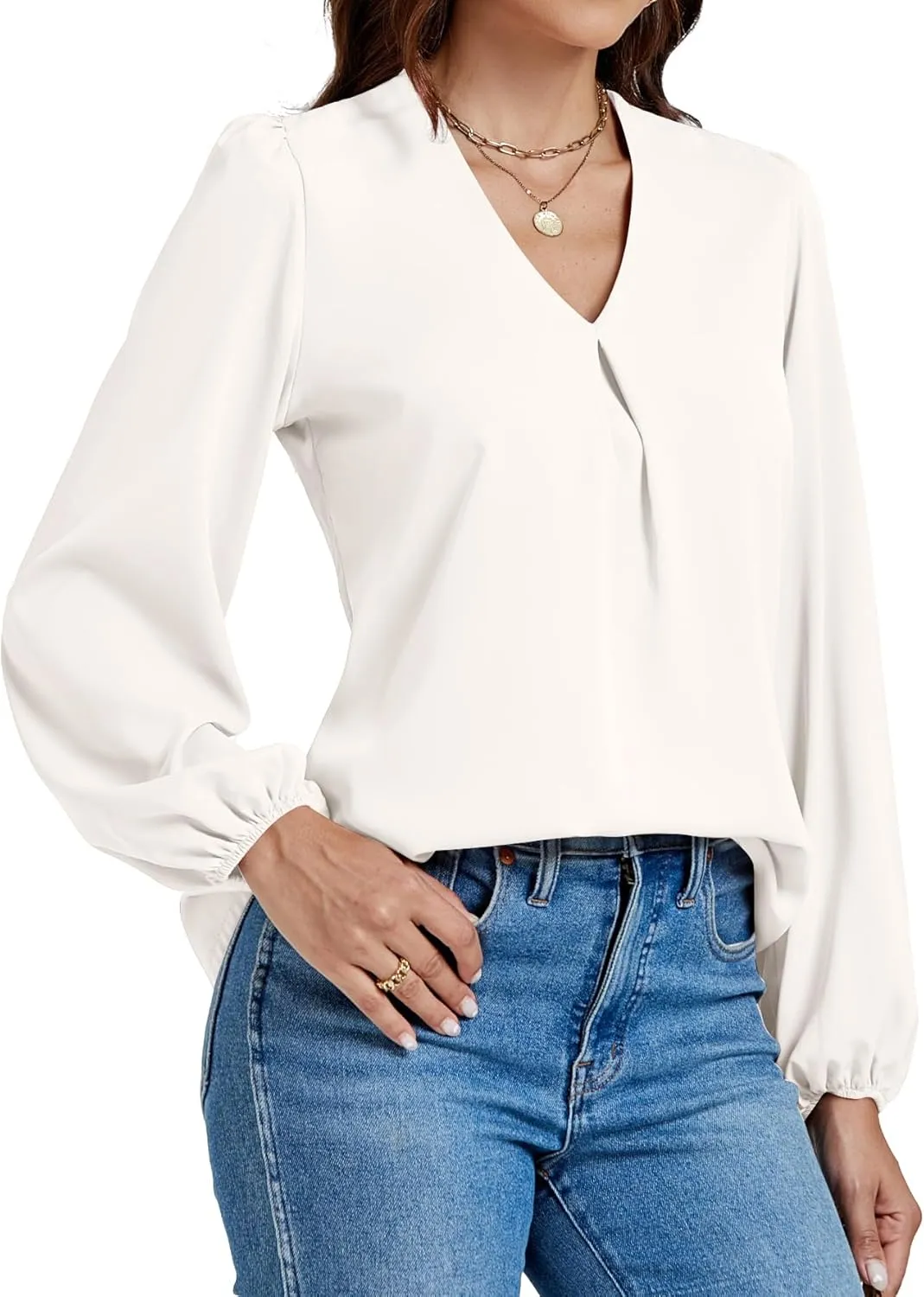 LYANER Women's V-Neck Long Sleeve Solid Tee Shirt Blouse Top