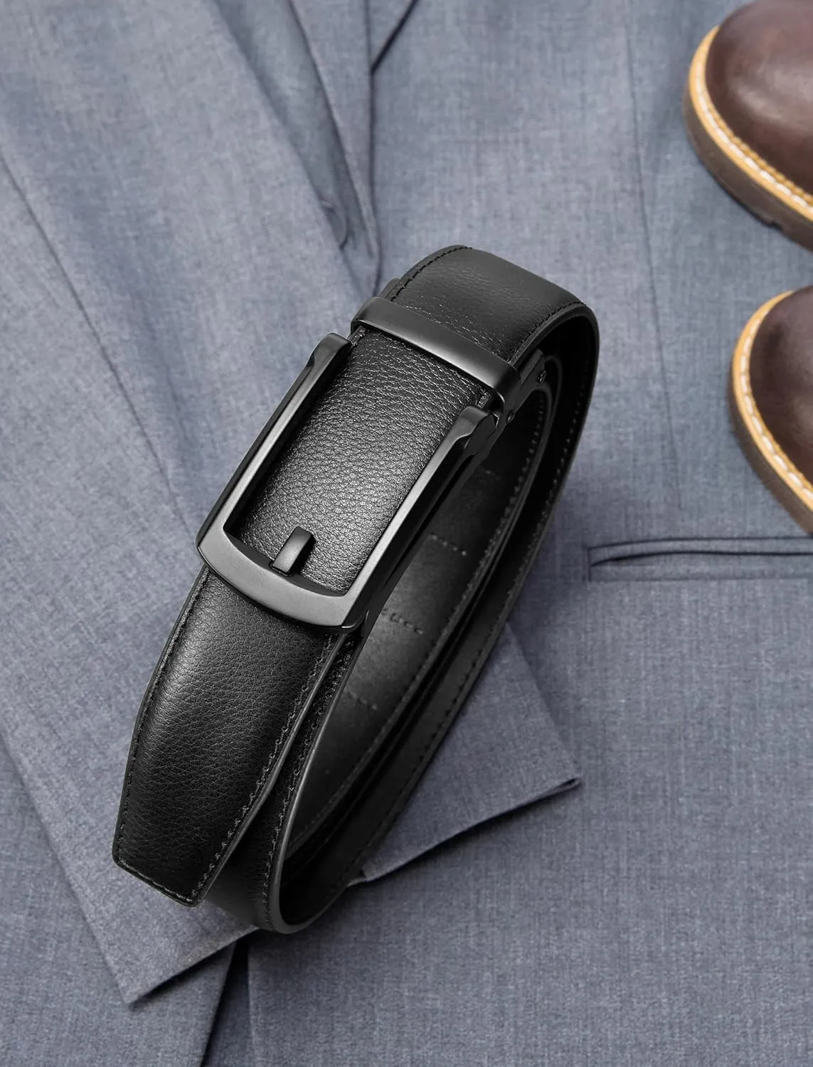 Mens Belt Ratchet Belts Dress Casual Leather Belt for Men With Slide Adjustable Click Buckle Gifts Box