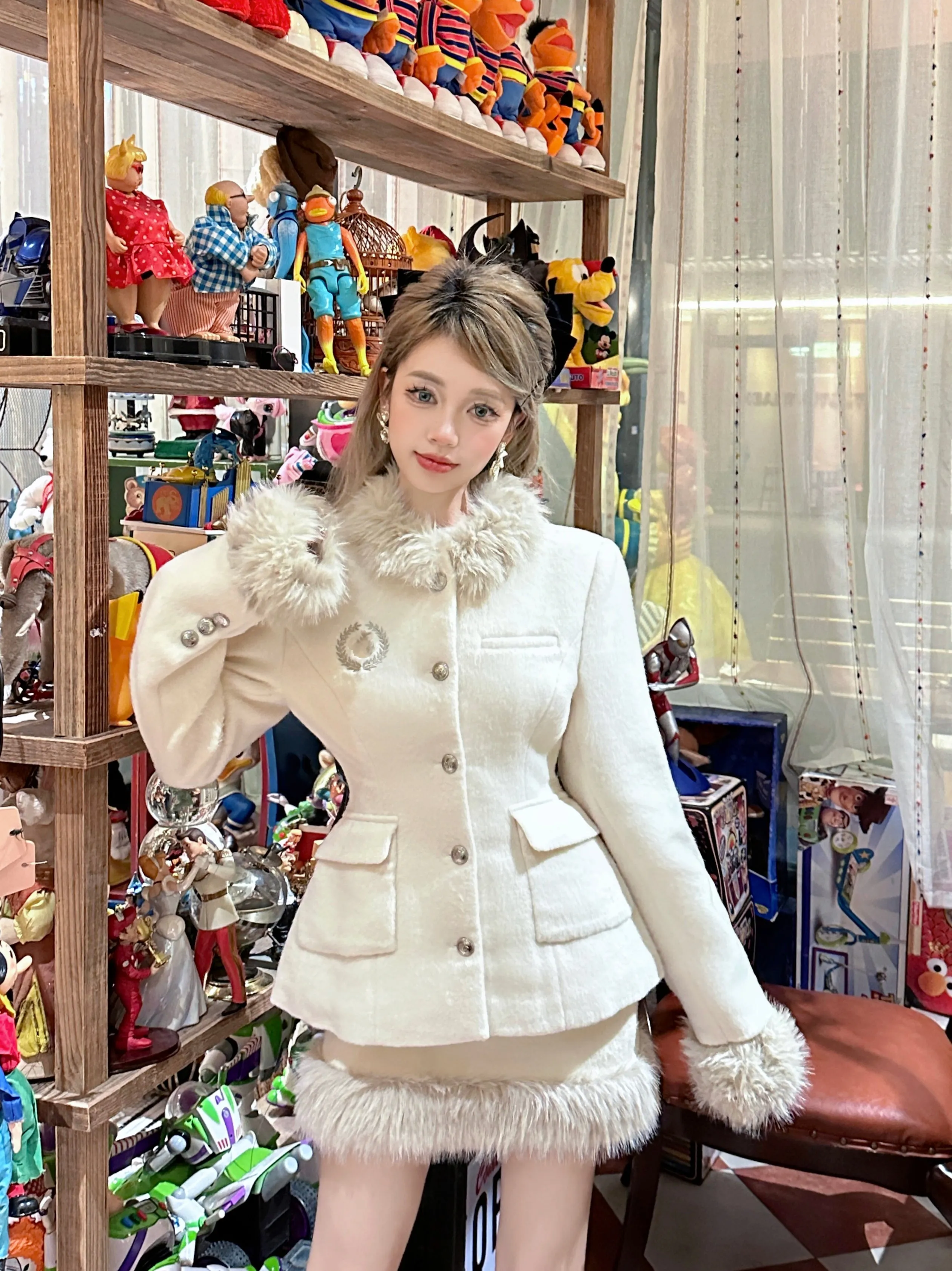 Monet Elegant Chic Winter White Fur Woolen Jacket & Skirt Two Piece Set