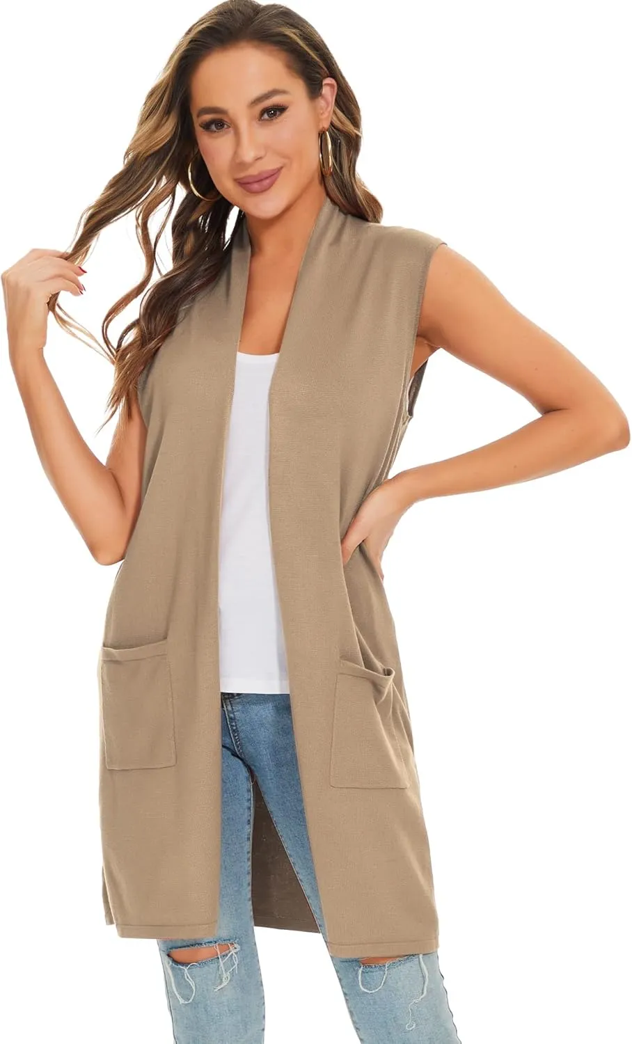 Moss Rose Women's Long Knit Cardigan Vest Casual Sleeveless Open Front Draped Duster Vest (Available in Plus Size)
