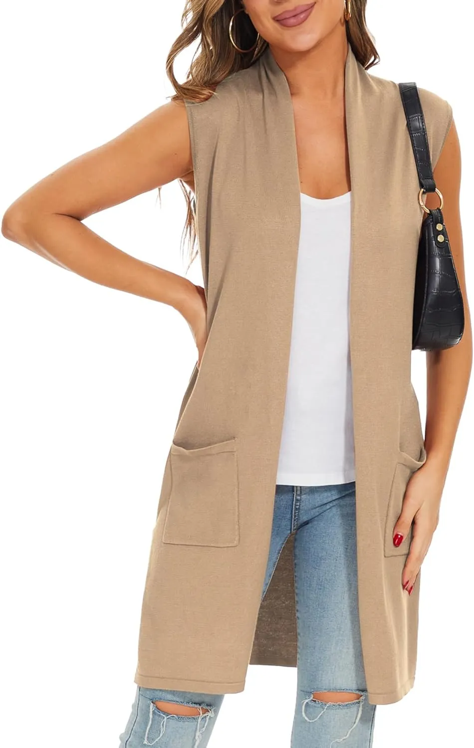 Moss Rose Women's Long Knit Cardigan Vest Casual Sleeveless Open Front Draped Duster Vest (Available in Plus Size)