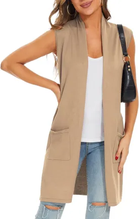 Moss Rose Women's Long Knit Cardigan Vest Casual Sleeveless Open Front Draped Duster Vest (Available in Plus Size)
