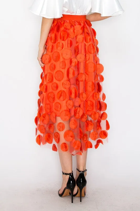 Orange High Waist A Line 3d Polka Dot Midi Skirt