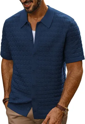 PJ PAUL JONES Men's Knit Shirts Short Sleeve Button Down Polo Shirt Fashion Casual Summer Beach Shirts