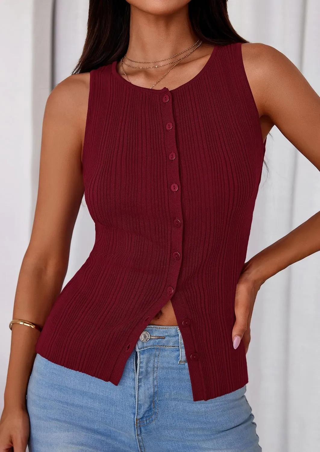 PRETTYGARDEN Women's Ribbed Tank Tops Summer 2025 Open Front Button Down Sleeveless Shirts Going Out Spring Fashion Vest Tops