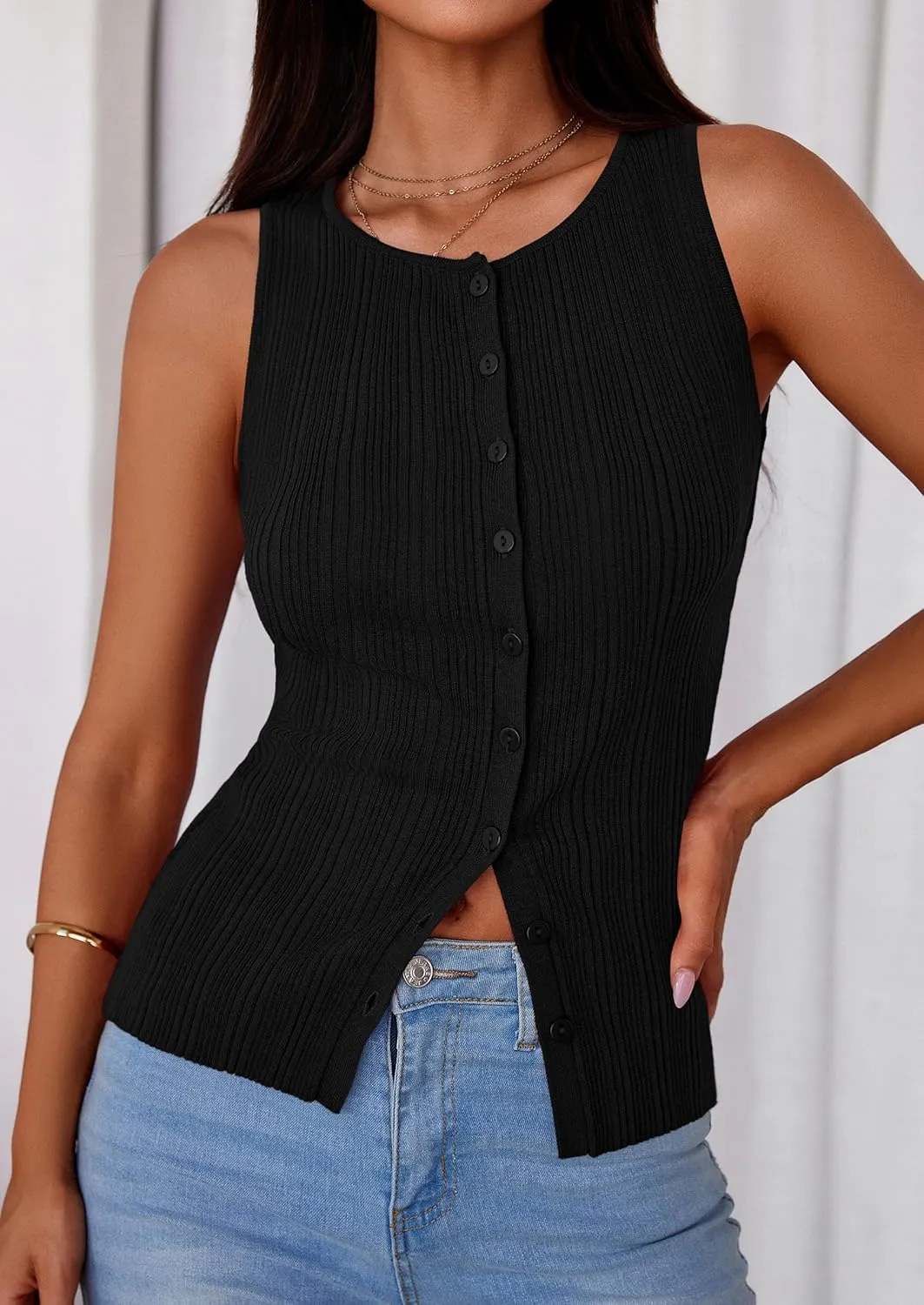 PRETTYGARDEN Women's Ribbed Tank Tops Summer 2025 Open Front Button Down Sleeveless Shirts Going Out Spring Fashion Vest Tops