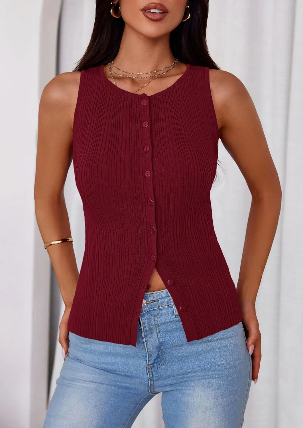 PRETTYGARDEN Women's Ribbed Tank Tops Summer 2025 Open Front Button Down Sleeveless Shirts Going Out Spring Fashion Vest Tops