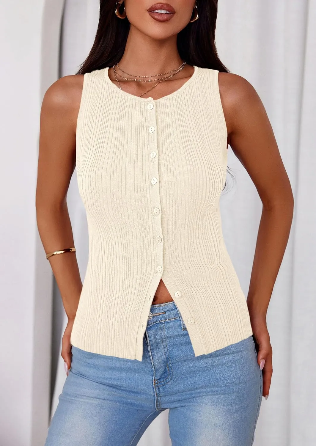 PRETTYGARDEN Women's Ribbed Tank Tops Summer 2025 Open Front Button Down Sleeveless Shirts Going Out Spring Fashion Vest Tops
