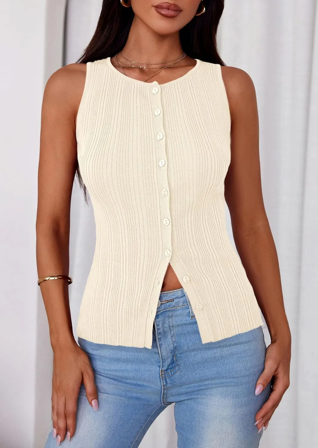 PRETTYGARDEN Women's Ribbed Tank Tops Summer 2025 Open Front Button Down Sleeveless Shirts Going Out Spring Fashion Vest Tops