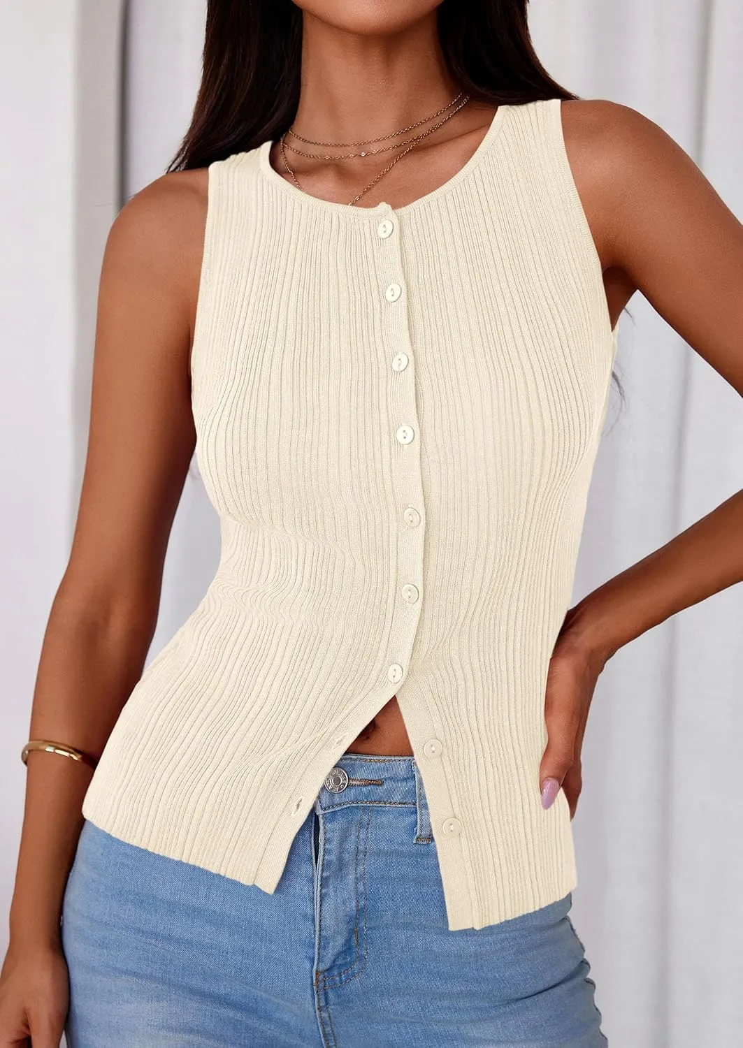 PRETTYGARDEN Women's Ribbed Tank Tops Summer 2025 Open Front Button Down Sleeveless Shirts Going Out Spring Fashion Vest Tops