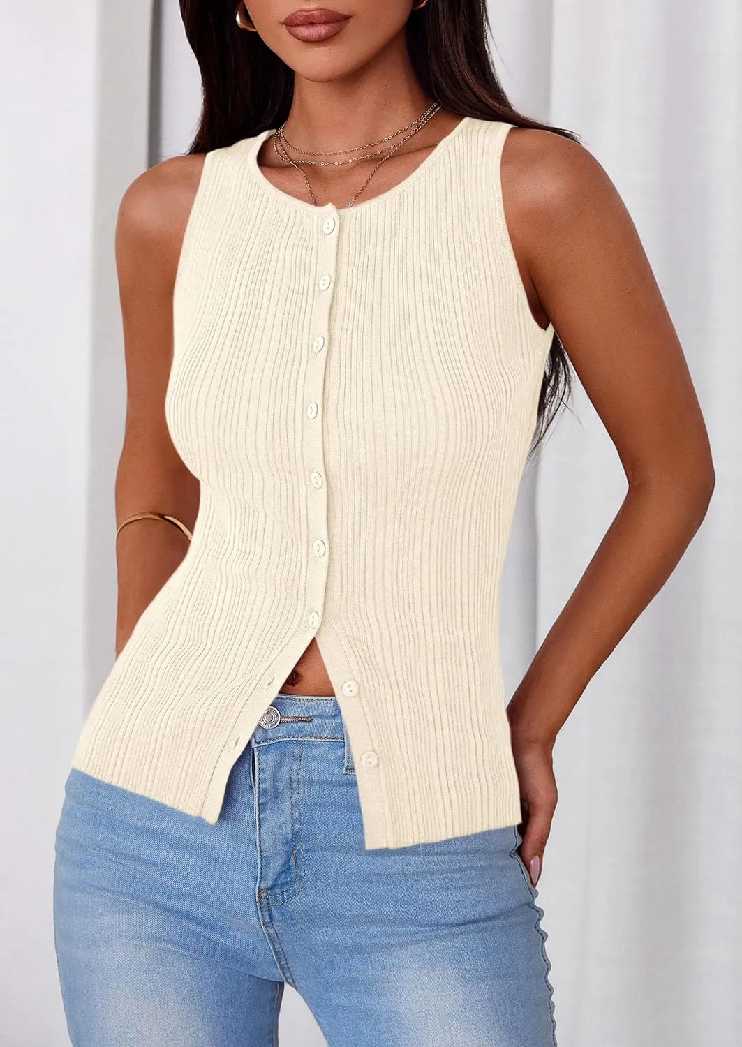 PRETTYGARDEN Women's Ribbed Tank Tops Summer 2025 Open Front Button Down Sleeveless Shirts Going Out Spring Fashion Vest Tops