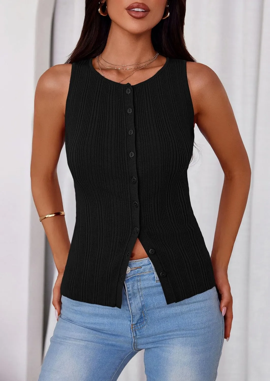 PRETTYGARDEN Women's Ribbed Tank Tops Summer 2025 Open Front Button Down Sleeveless Shirts Going Out Spring Fashion Vest Tops