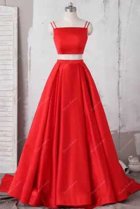 Red Satin Two-piece Spaghetti Strap Prom Homecoming Dress