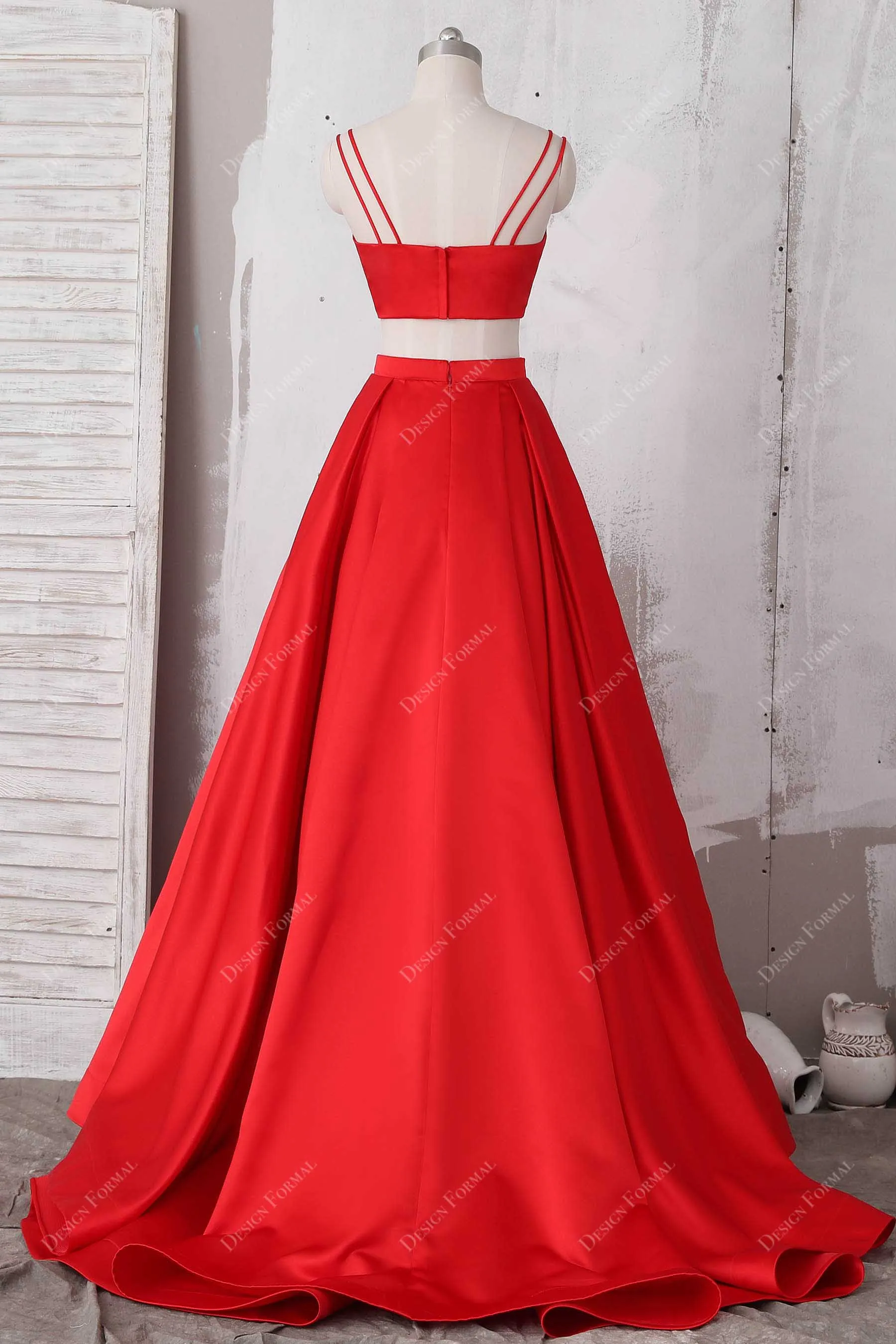 Red Satin Two-piece Spaghetti Strap Prom Homecoming Dress