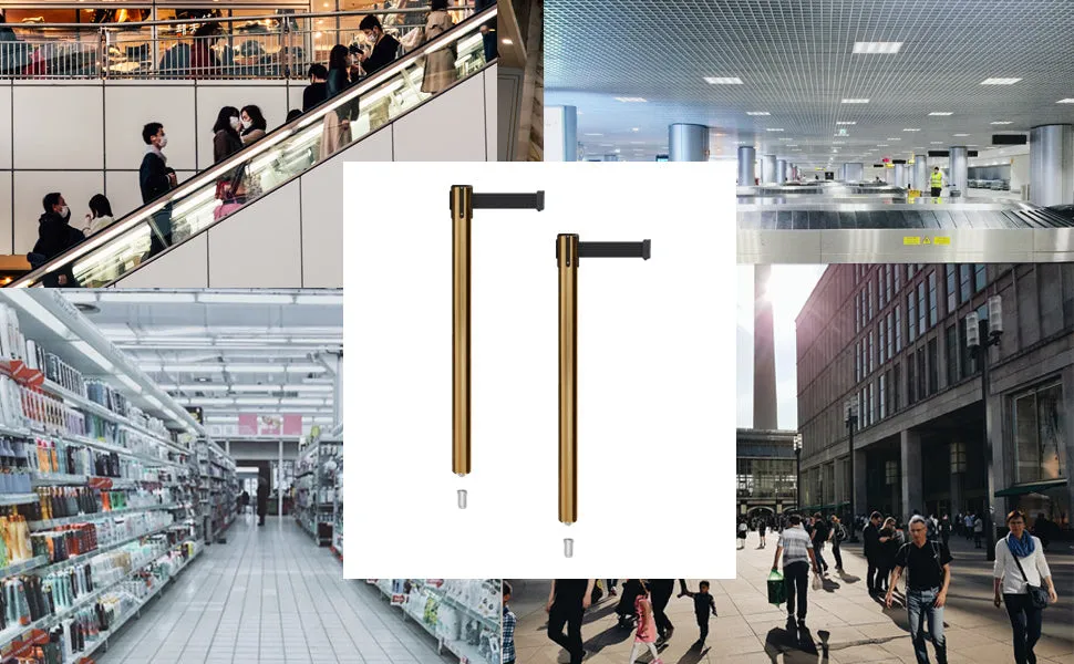 Retractable Belt Barrier Stanchion, Mini Socket Base, Satin Brass Post, 13 ft Belt - Montour Line MX630SK