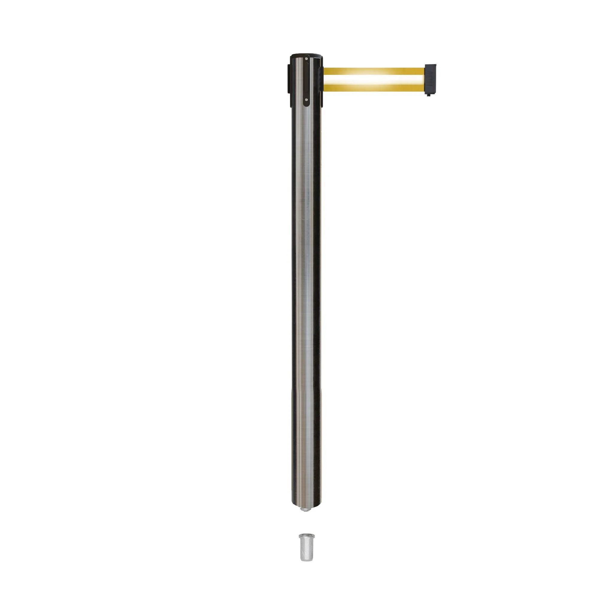Retractable Belt Barrier Stanchion, Mini Socket Base, Satin Stainless Steel Post, 7.5 ft Belt - Montour Line MX630SK