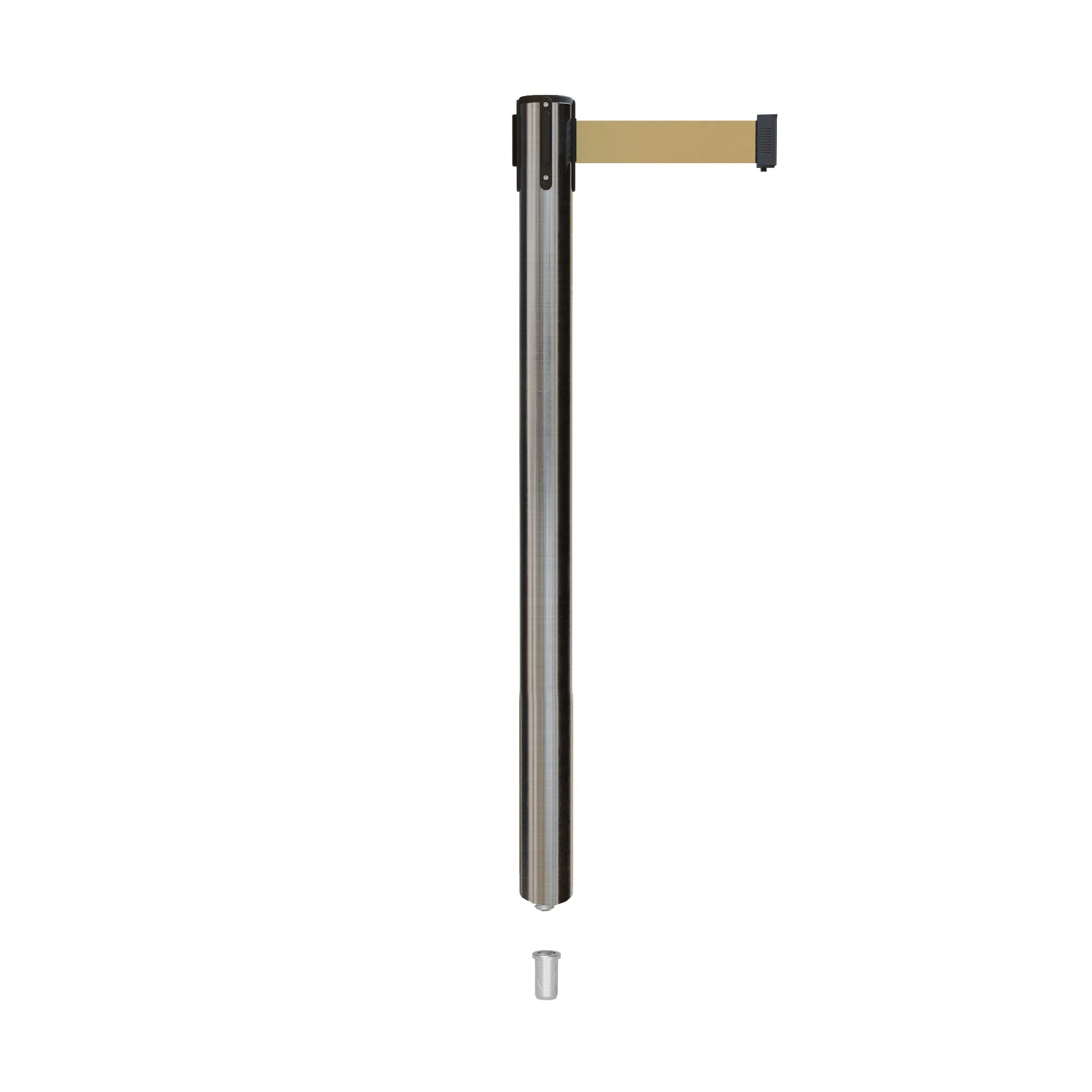 Retractable Belt Barrier Stanchion, Mini Socket Base, Satin Stainless Steel Post, 7.5 ft Belt - Montour Line MX630SK