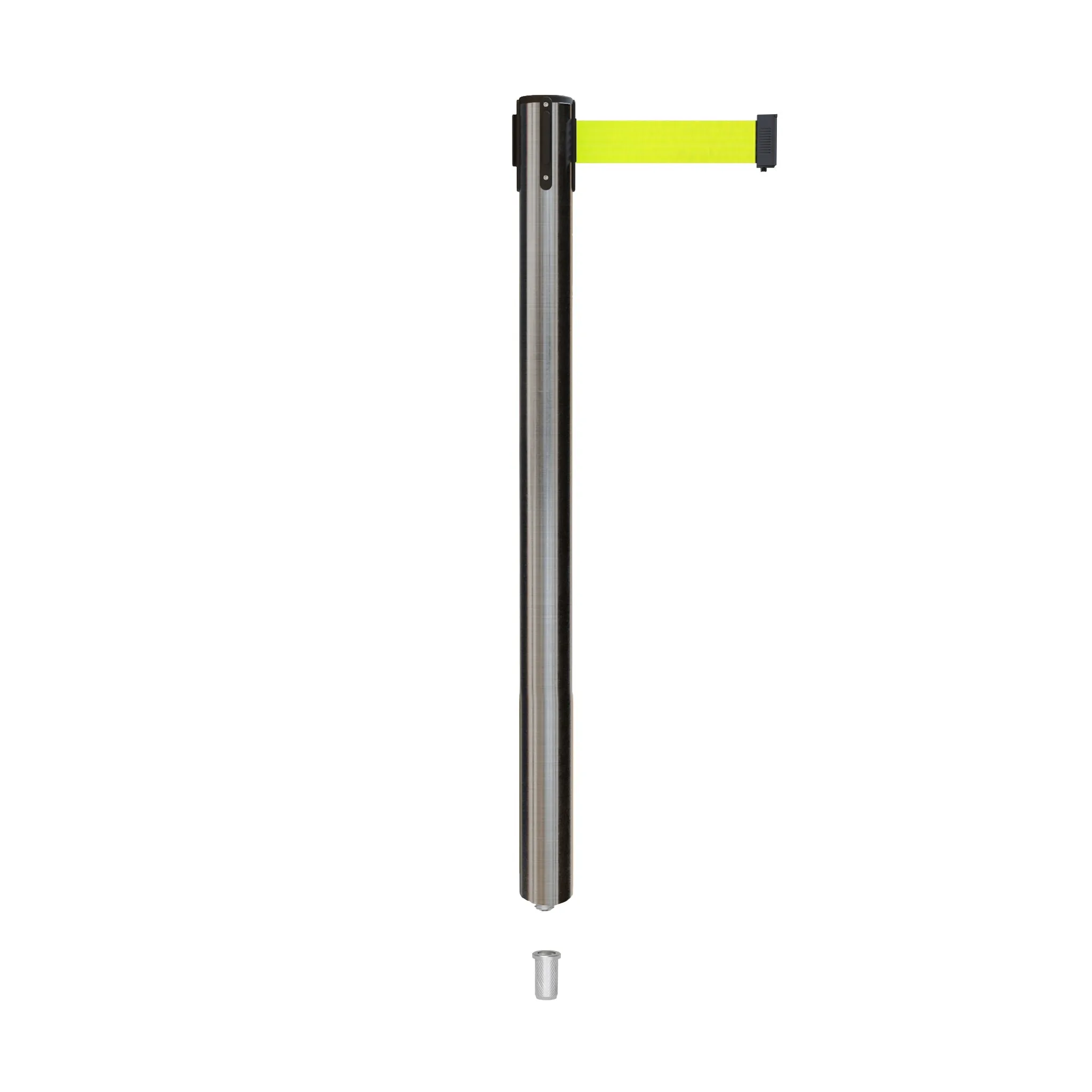 Retractable Belt Barrier Stanchion, Mini Socket Base, Satin Stainless Steel Post, 7.5 ft Belt - Montour Line MX630SK