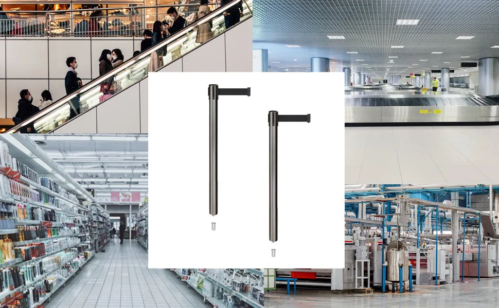 Retractable Belt Barrier Stanchion, Mini Socket Base, Satin Stainless Steel Post, 7.5 ft Belt - Montour Line MX630SK
