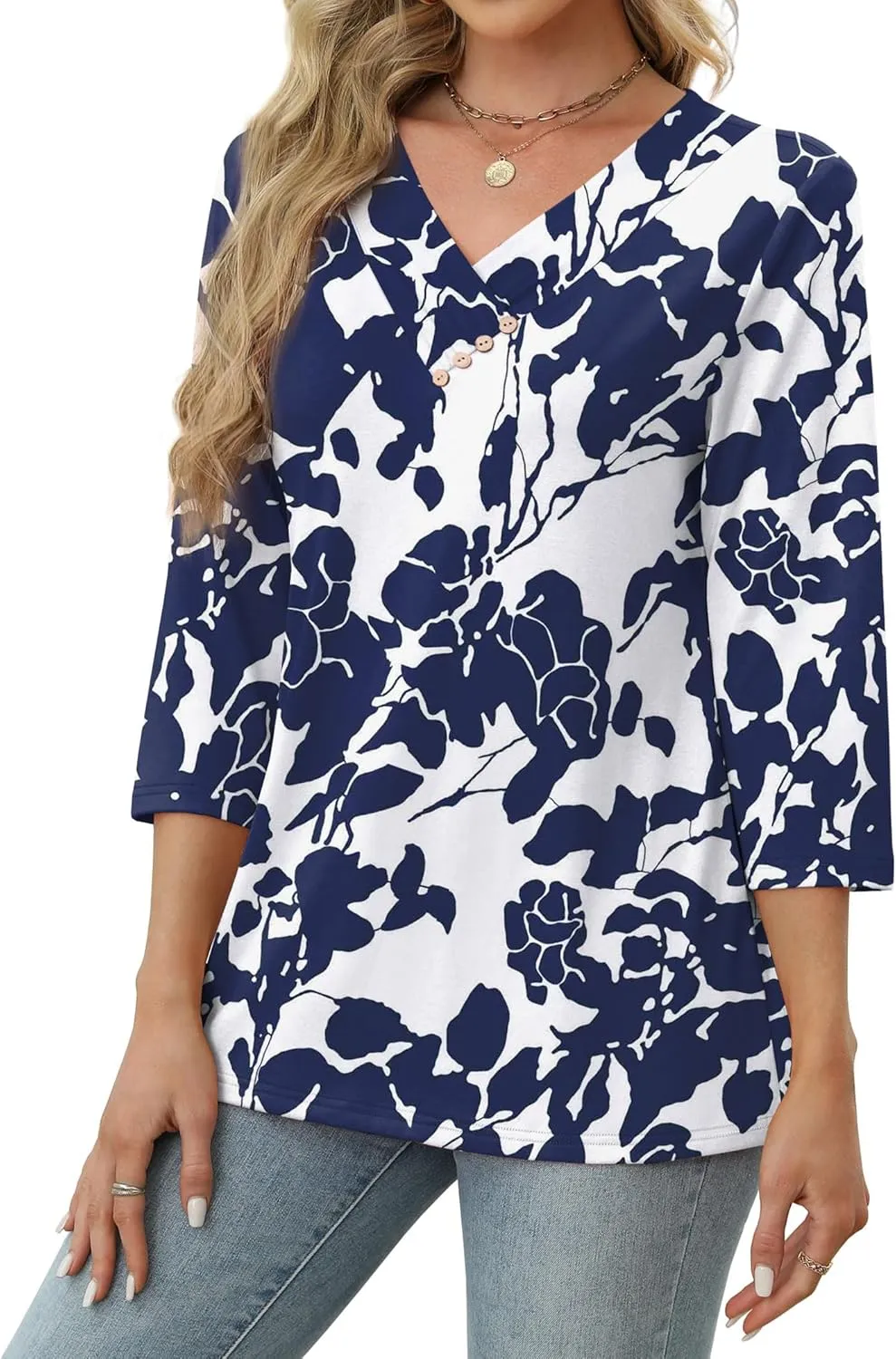 SAMPEEL V Neck Blouses for Women Dressy Casaul 3/4 Length Sleeve Womens Tops Button Down Shirts