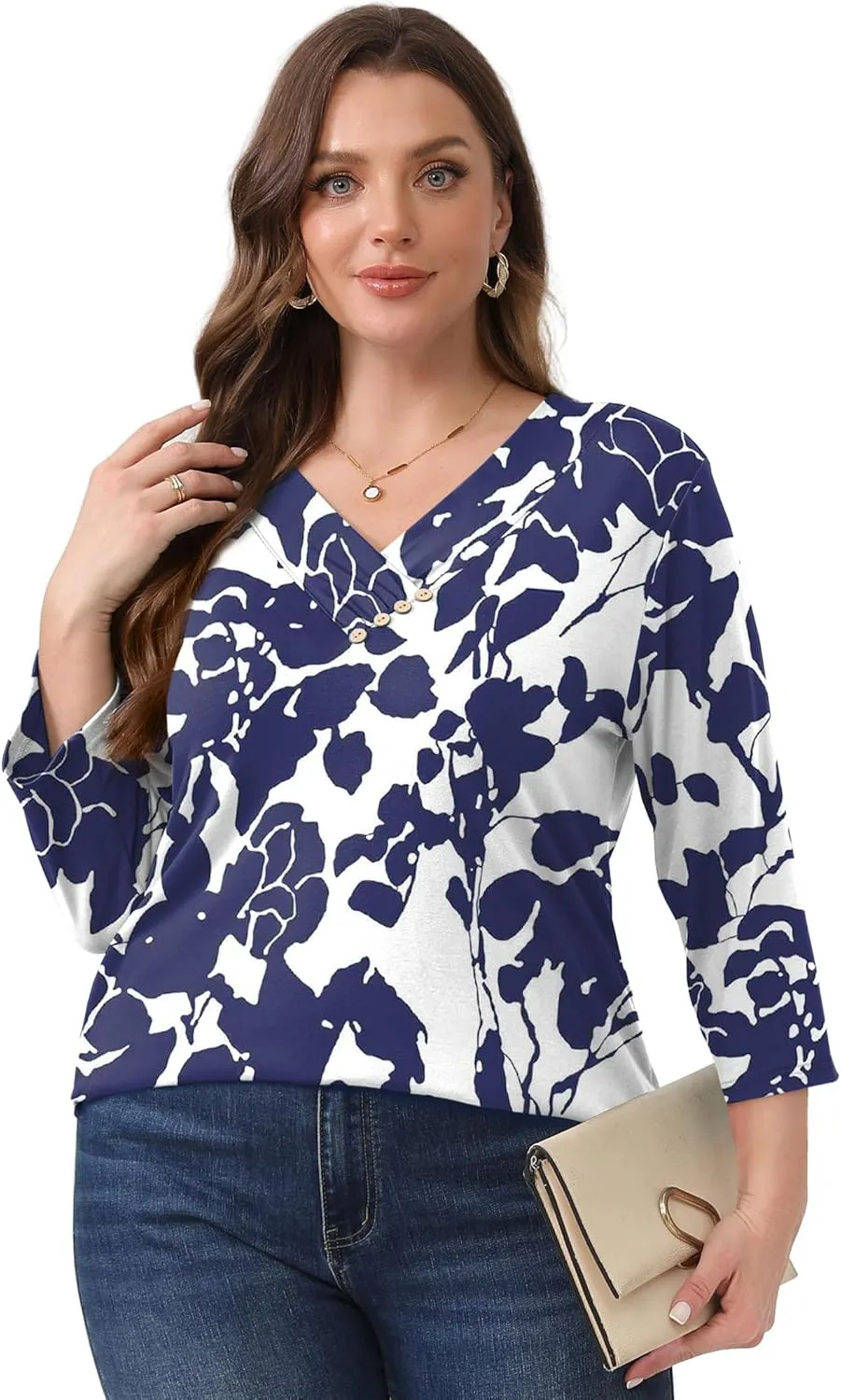 SAMPEEL V Neck Blouses for Women Dressy Casaul 3/4 Length Sleeve Womens Tops Button Down Shirts
