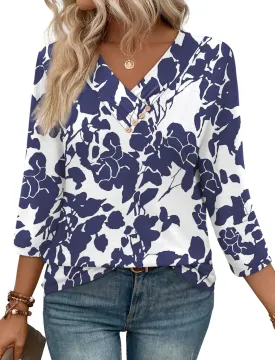 SAMPEEL V Neck Blouses for Women Dressy Casaul 3/4 Length Sleeve Womens Tops Button Down Shirts