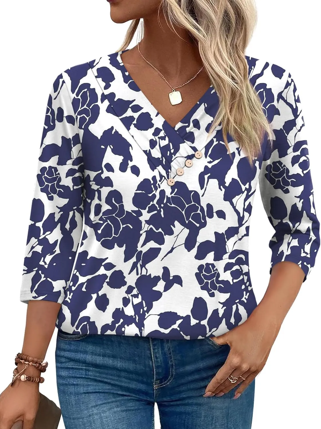 SAMPEEL V Neck Blouses for Women Dressy Casaul 3/4 Length Sleeve Womens Tops Button Down Shirts