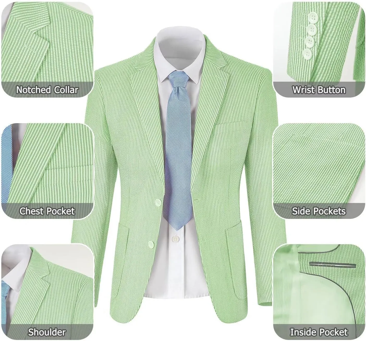Seersucker Slim Suits for Men Formal Casul Summer Beach Wedding Grooms 2 Piece Blazer Pants Party Striped Suit Sets