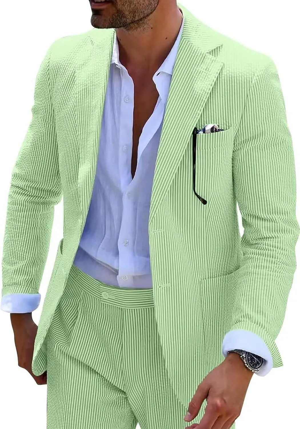 Seersucker Slim Suits for Men Formal Casul Summer Beach Wedding Grooms 2 Piece Blazer Pants Party Striped Suit Sets